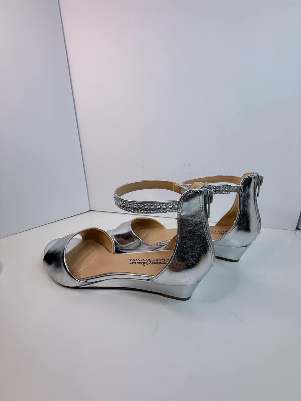American Glamour Badgley Mischka Silver Rhinestone Wedge Sandals Size 8